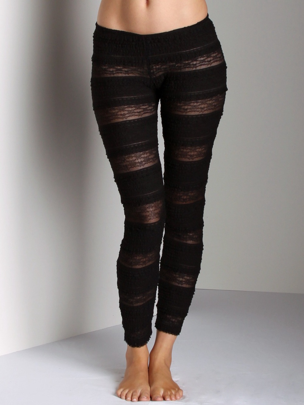 New Free People Semi Sheer Tiered Lace Ruffle Black Leggings Size X-Small